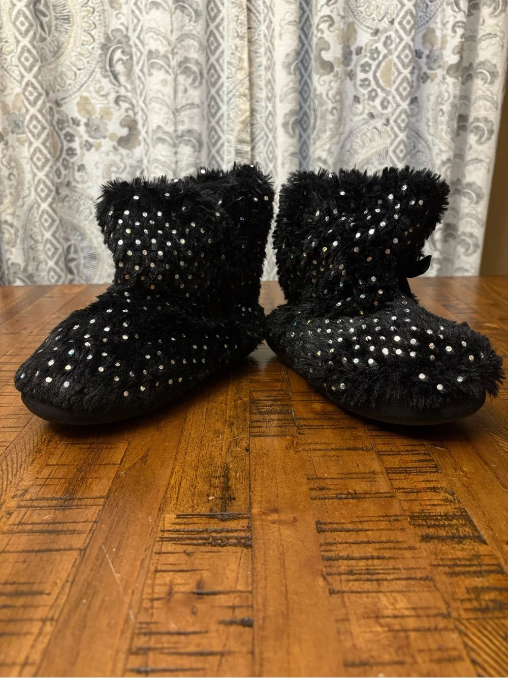Capelli of New York Black Faux-Fur Sequin Ankle Boot Slippers with Bow Accent